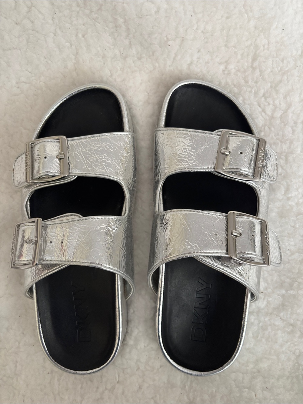 DKNY Metallic Silver Double-Buckle Slide Sandals
